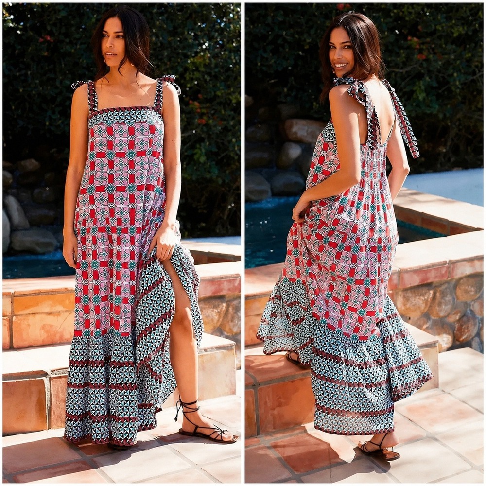 Tuckernuck Ro's Garden Tiered‎ Cotton Maxi Dress Size M Coastal Boho Euro Summer